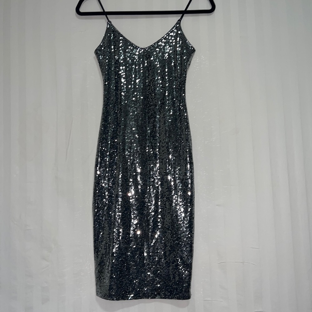 Mind Code Silver Sequin Bodycon Dress - image 1